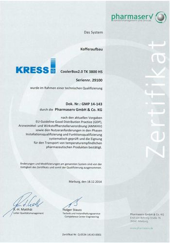 GDP-Pharma-Qualifizierungszertifikat KRESS 29100