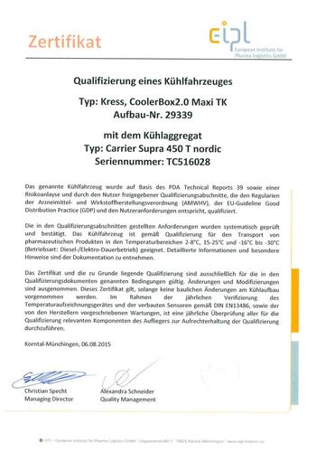 Zertifikat für Kühlfahrzeug mit Pharmaqualifizierung